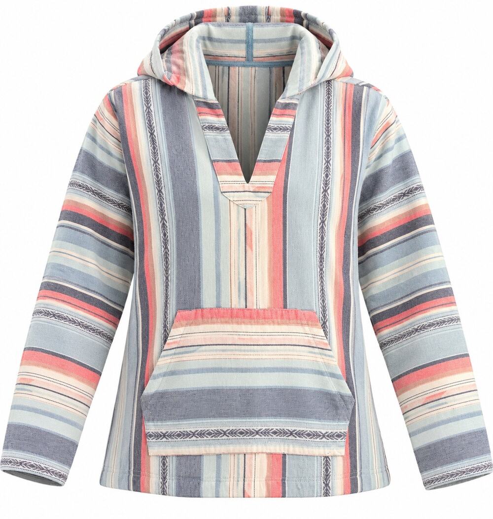 Faherty Baja Hoodie Large Blue Coral Stripe Cotton Poncho Surf Beach Pullover